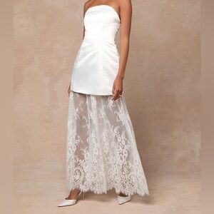 Lulus Winslet White Satin Lace Strapless Maxi Dress Bridal Engagement Wedding XS